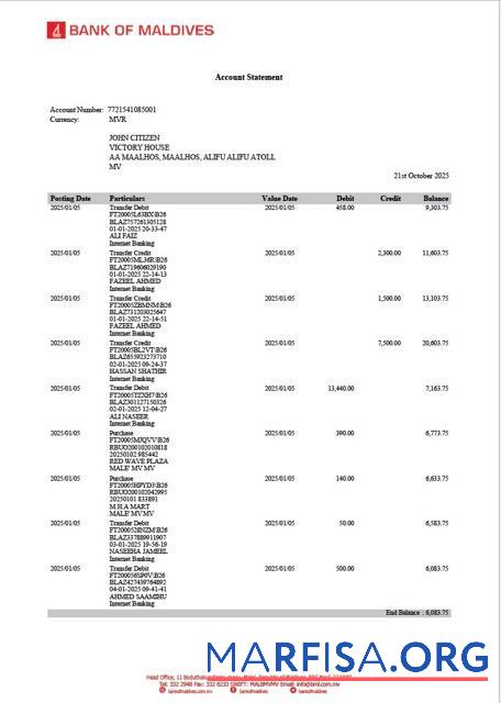 Downloadable Maldives Bank of Maldives account statement word example